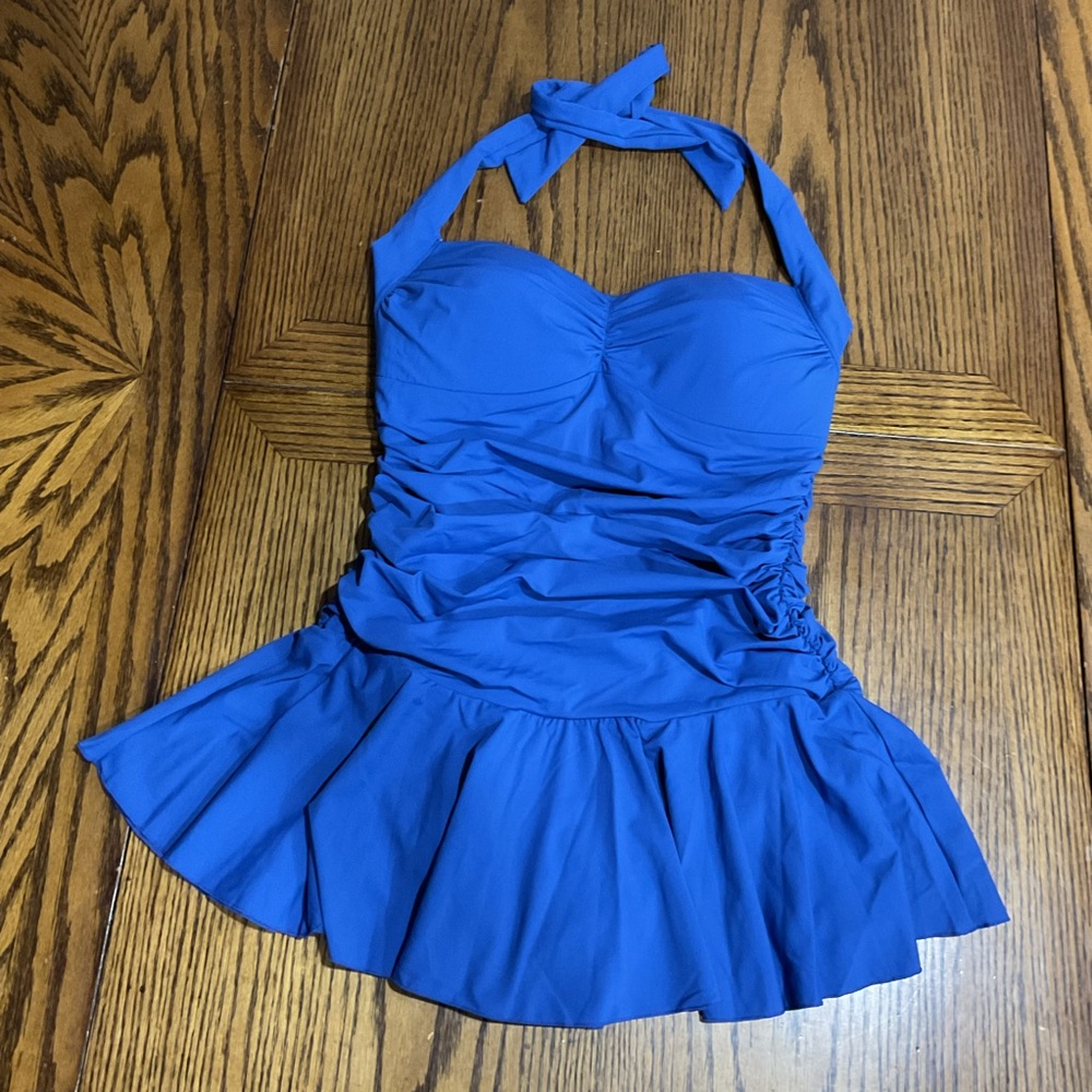 Blue swim dress ruffles attached panties 1 piece bathing suit halter tie size S
